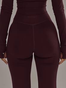 SHEIN X YERIMUA Musera Sport 交叉前开衩紧身裤套装（仅下装）板式网球冬季运动服健身房锻炼合金 - 酒紅色 - 查看 2
