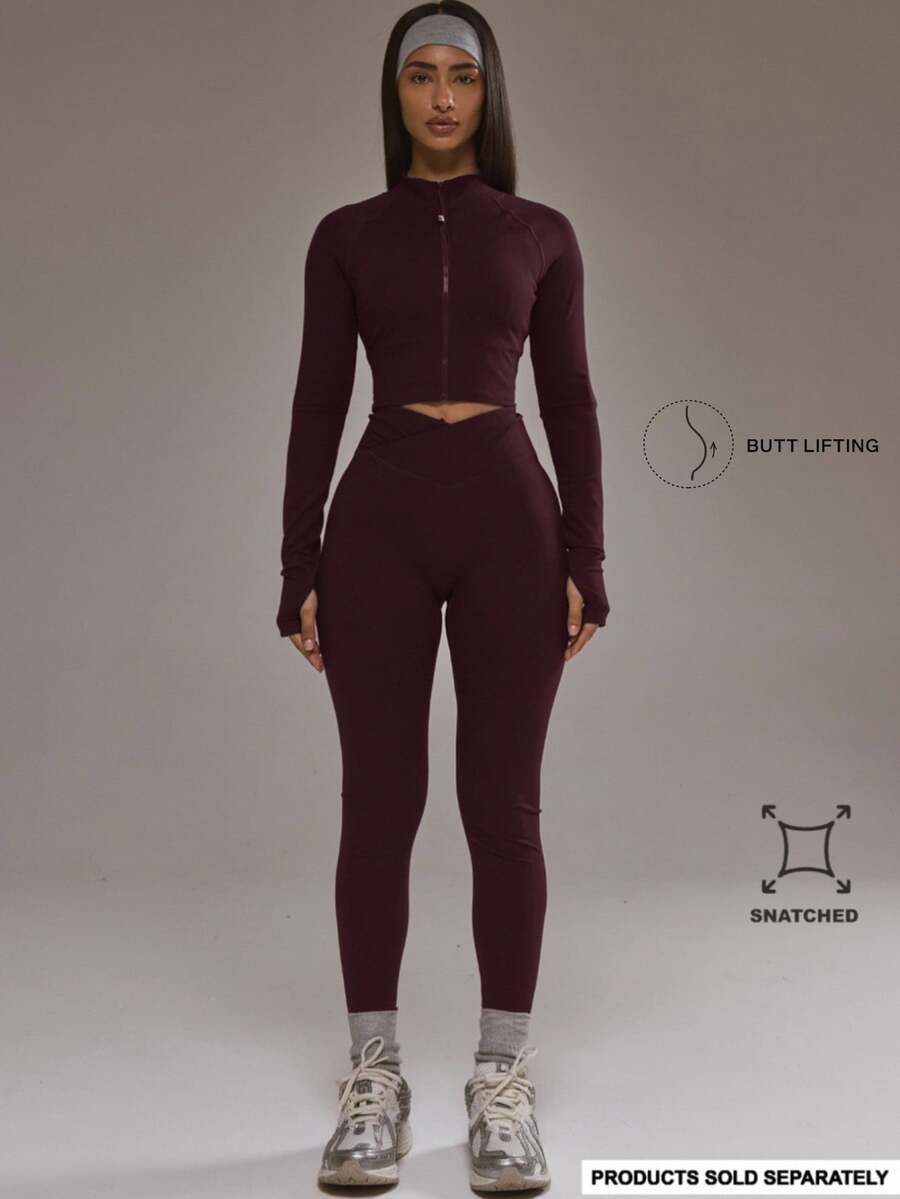 SHEIN X YERIMUA Musera Sport 交叉前开衩紧身裤套装(仅下装)板式网球冬季运动服健身房锻炼合金 - 酒紅色 - 查看 1