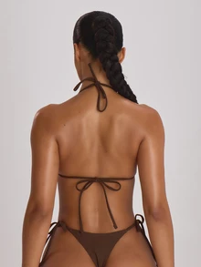 Musera Resort Áo bikini tam giác nhỏ buộc cổ, đồ bơi cơ bản màu trơn cho du lịch nghỉ dưỡng mùa hè, đi biển, phong cách resort core mùa thu - Màu nâu Sô-cô-la - Xem 4