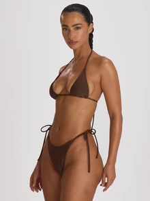 Musera Resort Áo bikini tam giác nhỏ buộc cổ, đồ bơi cơ bản màu trơn cho du lịch nghỉ dưỡng mùa hè, đi biển, phong cách resort core mùa thu - Màu nâu Sô-cô-la - Xem 3