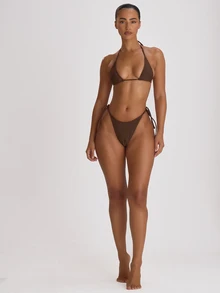 Musera Resort Áo bikini tam giác nhỏ buộc cổ, đồ bơi cơ bản màu trơn cho du lịch nghỉ dưỡng mùa hè, đi biển, phong cách resort core mùa thu - Màu nâu Sô-cô-la - Xem 5