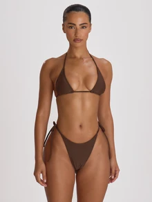 Musera Resort Áo bikini tam giác nhỏ buộc cổ, đồ bơi cơ bản màu trơn cho du lịch nghỉ dưỡng mùa hè, đi biển, phong cách resort core mùa thu - Màu nâu Sô-cô-la - Xem 2
