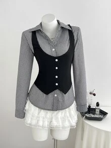 Elamini Women's Shirt - 2 In 1 - Patchwork - Check Pattern-Retro Y2K Style-Suitable For Office Commuting, Casual Wear, Festival Outfits, And Outings. - Black - View 4