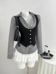 Elamini Women's Shirt - 2 In 1 - Patchwork - Check Pattern-Retro Y2K Style-Suitable For Office Commuting, Casual Wear, Festival Outfits, And Outings. - Black - View 3