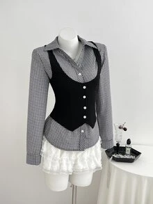 Elamini Women's Shirt - 2 In 1 - Patchwork - Check Pattern-Retro Y2K Style-Suitable For Office Commuting, Casual Wear, Festival Outfits, And Outings. - Black - View 5