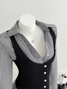 Elamini Women's Shirt - 2 In 1 - Patchwork - Check Pattern-Retro Y2K Style-Suitable For Office Commuting, Casual Wear, Festival Outfits, And Outings. - Black - View 6