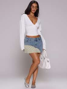 MUSERA ESSENTIALS White Slinky Deep Plunge Front Cinched Fitted Waist Flowy Batwing Long Sleeve Top - White - View 5