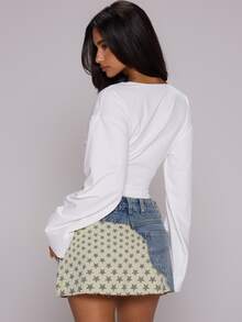 MUSERA ESSENTIALS White Slinky Deep Plunge Front Cinched Fitted Waist Flowy Batwing Long Sleeve Top - White - View 4