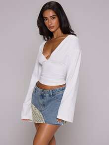 MUSERA ESSENTIALS White Slinky Deep Plunge Front Cinched Fitted Waist Flowy Batwing Long Sleeve Top - White - View 3
