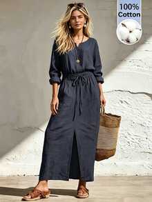 SHEIN Holidaya Gaun Panjang Wanita 100% Katun Leher V, Gaun Kasual Longgar Model A-Line dengan Tali Serut dan Belahan Samping - Navy Blue - View 9