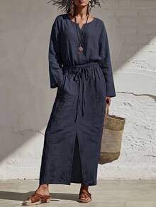 SHEIN Holidaya Gaun Panjang Wanita 100% Katun Leher V, Gaun Kasual Longgar Model A-Line dengan Tali Serut dan Belahan Samping - Navy Blue - View 5