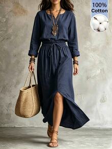 SHEIN Holidaya Gaun Panjang Wanita 100% Katun Leher V, Gaun Kasual Longgar Model A-Line dengan Tali Serut dan Belahan Samping - Navy Blue - View 8