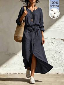 SHEIN Holidaya Gaun Panjang Wanita 100% Katun Leher V, Gaun Kasual Longgar Model A-Line dengan Tali Serut dan Belahan Samping - Navy Blue - View 6