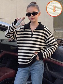 SHEIN Sparklyn 青少年女孩條紋半拉鍊抓絨內裡運動衫 休閒寬鬆落肩四分之一拉鍊套頭衫 秋冬保暖上衣 - 彩色 - 查看 3