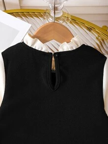 SHEIN Elladie kids Toddler Girl Contrast Ruffle Trim Double Breasted 2 In 1 Flared Dress, Cute Flounce Sleeve Mock Neck Knit A-Line Dress For Autumn 7th Birthday Autumn - Black - View 8