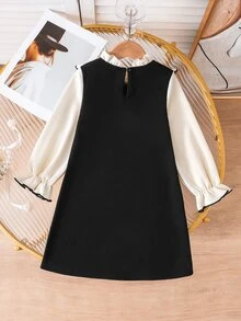 SHEIN Elladie kids Toddler Girl Contrast Ruffle Trim Double Breasted 2 In 1 Flared Dress, Cute Flounce Sleeve Mock Neck Knit A-Line Dress For Autumn 7th Birthday Autumn - Black - View 2