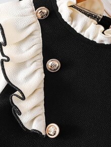 SHEIN Elladie kids Toddler Girl Contrast Ruffle Trim Double Breasted 2 In 1 Flared Dress, Cute Flounce Sleeve Mock Neck Knit A-Line Dress For Autumn 7th Birthday Autumn - Black - View 12