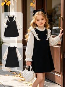 SHEIN Elladie kids Toddler Girl Contrast Ruffle Trim Double Breasted 2 In 1 Flared Dress, Cute Flounce Sleeve Mock Neck Knit A-Line Dress For Autumn 7th Birthday Autumn - Black - View 5
