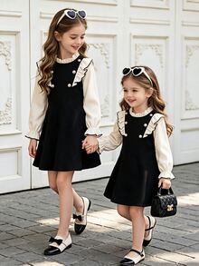 SHEIN Elladie kids Toddler Girl Contrast Ruffle Trim Double Breasted 2 In 1 Flared Dress, Cute Flounce Sleeve Mock Neck Knit A-Line Dress For Autumn 7th Birthday Autumn - Black - View 1