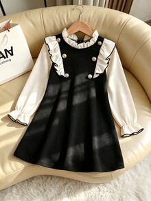 SHEIN Elladie kids Toddler Girl Contrast Ruffle Trim Double Breasted 2 In 1 Flared Dress, Cute Flounce Sleeve Mock Neck Knit A-Line Dress For Autumn 7th Birthday Autumn - Black - View 3