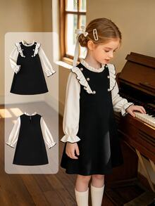 SHEIN Elladie kids Toddler Girl Contrast Ruffle Trim Double Breasted 2 In 1 Flared Dress, Cute Flounce Sleeve Mock Neck Knit A-Line Dress For Autumn 7th Birthday Autumn - Black - View 4