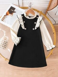 SHEIN Elladie kids Toddler Girl Contrast Ruffle Trim Double Breasted 2 In 1 Flared Dress, Cute Flounce Sleeve Mock Neck Knit A-Line Dress For Autumn 7th Birthday Autumn - Black - View 6