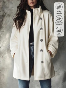 SHEIN Solid Color Stand Collar Asymmetrical Metal Button Overcoat, Drop Shoulder Loose Mid-Length Overcoat, Knitted Ribbed Cuffs Casual Versatile Pocket Wool Top - Beige - View 3
