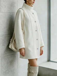 SHEIN Solid Color Stand Collar Asymmetrical Metal Button Overcoat, Drop Shoulder Loose Mid-Length Overcoat, Knitted Ribbed Cuffs Casual Versatile Pocket Wool Top - Beige - View 6