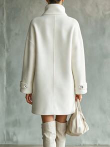 SHEIN Solid Color Stand Collar Asymmetrical Metal Button Overcoat, Drop Shoulder Loose Mid-Length Overcoat, Knitted Ribbed Cuffs Casual Versatile Pocket Wool Top - Beige - View 2