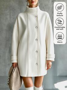 SHEIN Solid Color Stand Collar Asymmetrical Metal Button Overcoat, Drop Shoulder Loose Mid-Length Overcoat, Knitted Ribbed Cuffs Casual Versatile Pocket Wool Top - Beige - View 7