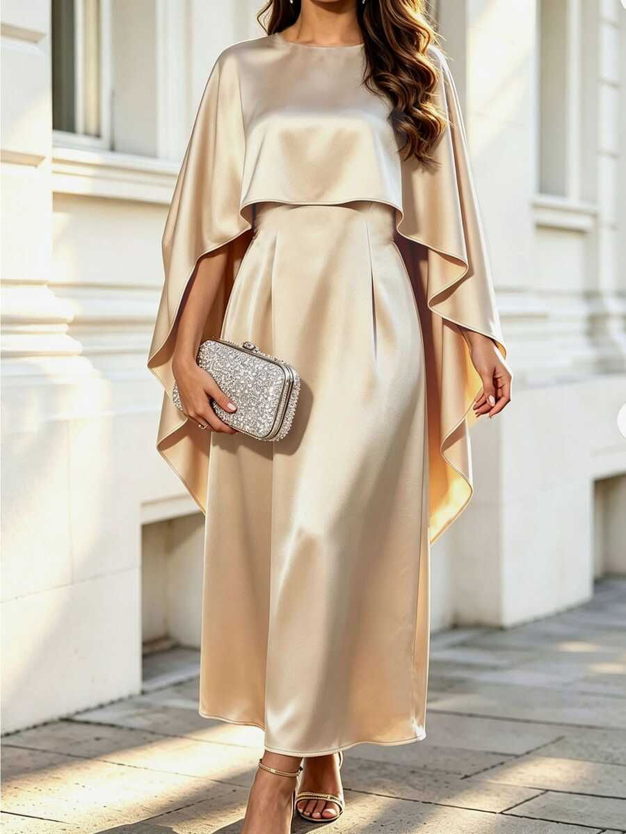 Velvienne Plus Size Women's Woven Elegant Autumn Dress Fall - Apricot - View 1