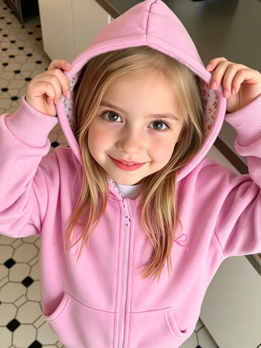 Young Girl Solid Pink Minimalist Western Hoodie Jacket With Bow Decor, Floral Lining In Hood, Suitable For Autumn And Winter, School, Back-To-School