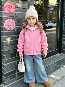 Young Girl Solid Pink Minimalist Western Hoodie Jacket With Bow Decor, Floral Lining In Hood, Suitable For Autumn And Winter, School, Back-To-School - Pink - View 9