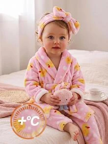 LMoss Kids ملابس منزلية كاجوال للبنات الصغيرات بنمط كرتوني لطيف للبطة الصغيرة مع ياقة من الفرو الصناعي للخريف - متعدد الألوان - مشاهدة 7