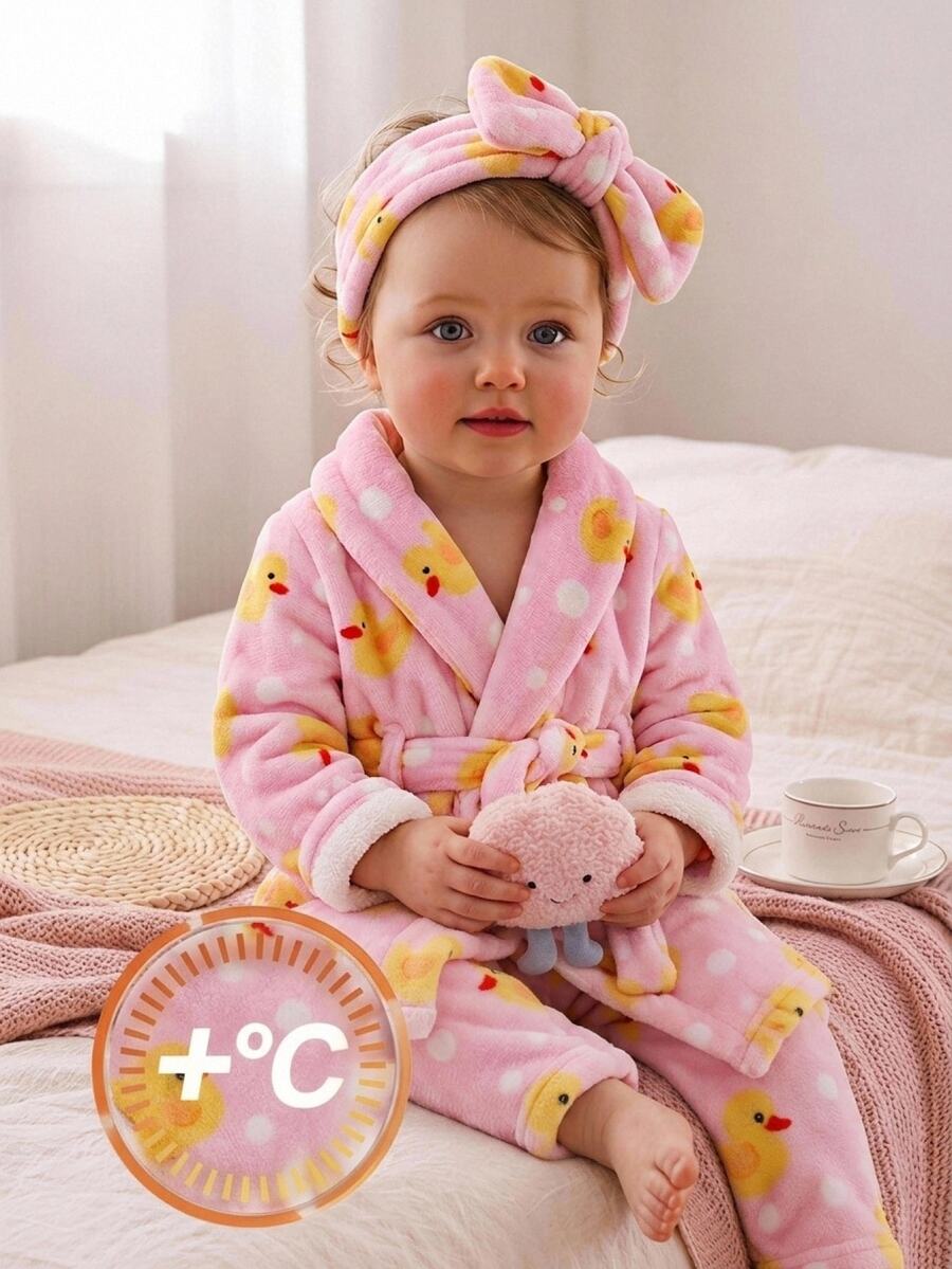 LMoss Kids 女嬰可愛小鴨卡通圖案人造毛領休閒居家服 秋季 - 彩色 - 查看 1