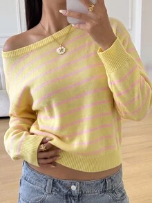 SHEIN Teen Girls Casual Striped Knit Sweater, Simple & Fashionable, Suitable For Daily Wear, Autumn, Winter - Multicolor - View 1