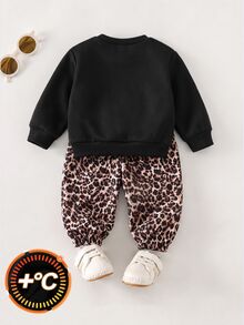 SHEIN Baby Boy Autumn/Winter Thickened Fleece Black Letter Sweatshirt & Leopard Print Cuffed Sweatpants 2pcs Set - Black - View 2
