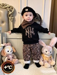SHEIN Baby Boy Autumn/Winter Thickened Fleece Black Letter Sweatshirt & Leopard Print Cuffed Sweatpants 2pcs Set - Black - View 5