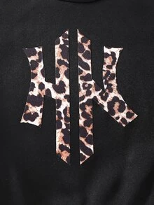 SHEIN Baby Boy Autumn/Winter Thickened Fleece Black Letter Sweatshirt & Leopard Print Cuffed Sweatpants 2pcs Set - Black - View 3