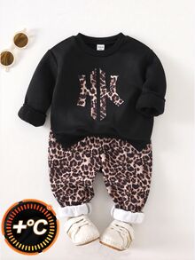 SHEIN Baby Boy Autumn/Winter Thickened Fleece Black Letter Sweatshirt & Leopard Print Cuffed Sweatpants 2pcs Set - Black - View 1