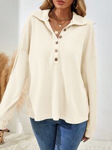 SHEIN Women's Casual Waffle Knit Button Accent Dropped Shoulder Loose Fit Long Sleeve T-Shirt Travel Beige Autumn - Apricot - View 8