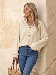 SHEIN Women's Casual Waffle Knit Button Accent Dropped Shoulder Loose Fit Long Sleeve T-Shirt Travel Beige Autumn - Apricot - View 3
