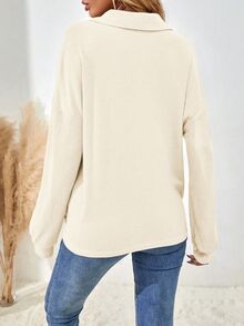SHEIN Women's Casual Waffle Knit Button Accent Dropped Shoulder Loose Fit Long Sleeve T-Shirt Travel Beige Autumn - Apricot - View 2