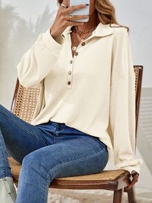 SHEIN Women's Casual Waffle Knit Button Accent Dropped Shoulder Loose Fit Long Sleeve T-Shirt Travel Beige Autumn - Apricot - View 7
