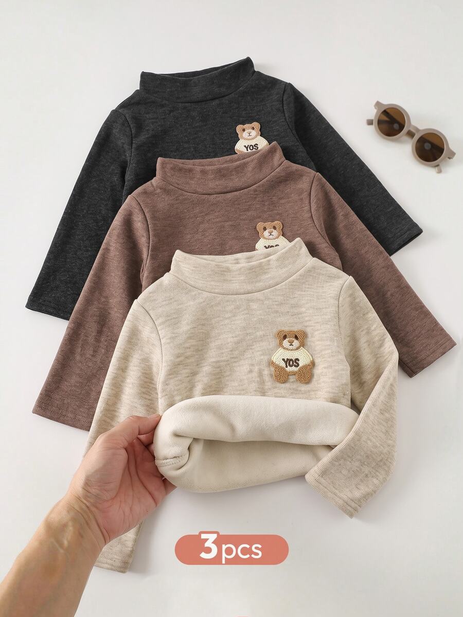 LMoss Kids 3PCS Baby Boys Cartoon Bear Patched Stand Collar Long Sleeve Tops - Multicolor - View 1