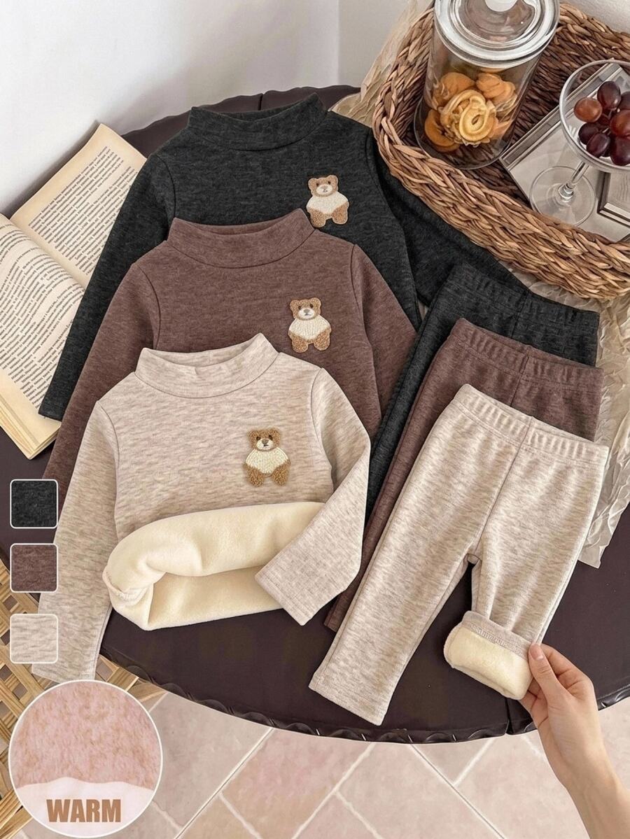 LMoss Kids 3PCS Baby Boys Cartoon Bear Patched Stand Collar Long Sleeve Tops - Multicolor - View 1