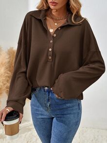 SHEIN Women's Solid Color Drop Shoulder Long Sleeve Button Half Placket Loose Casual T-Shirt - Brown - View 4