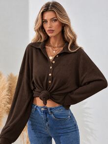 SHEIN Women's Solid Color Drop Shoulder Long Sleeve Button Half Placket Loose Casual T-Shirt - Brown - View 9