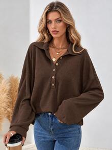SHEIN Women's Solid Color Drop Shoulder Long Sleeve Button Half Placket Loose Casual T-Shirt - Brown - View 1