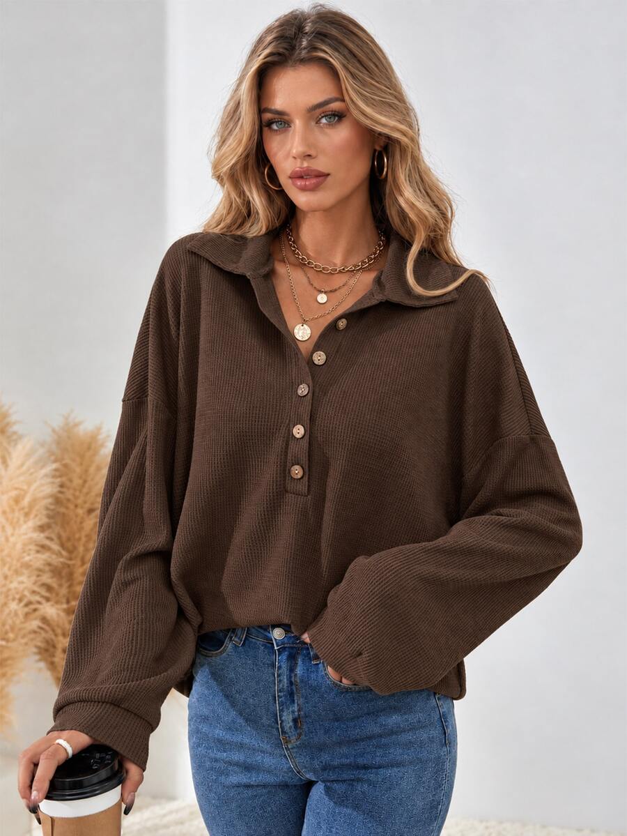 SHEIN Women's Solid Color Drop Shoulder Long Sleeve Button Half Placket Loose Casual T-Shirt - Brown - View 1